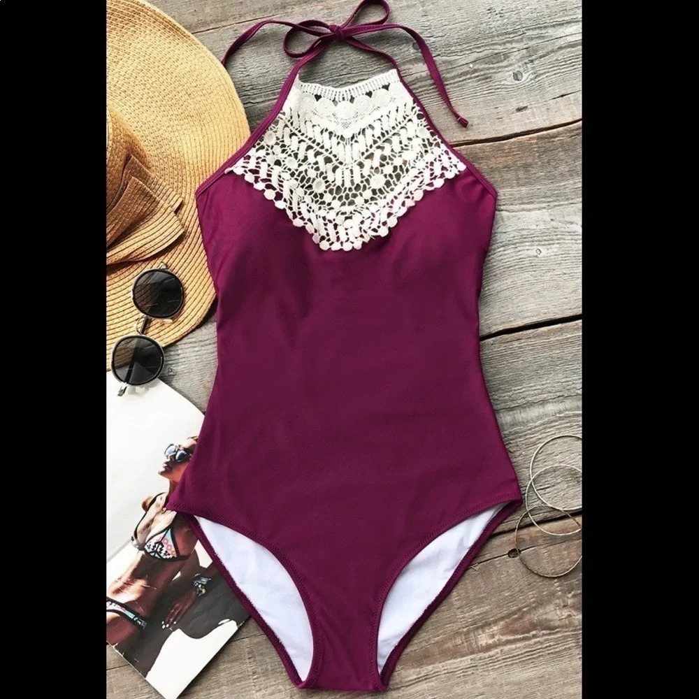 Cupshe Broken Wine One Piece Halter Crochet Large Swimsuit Boho Costal Bikini